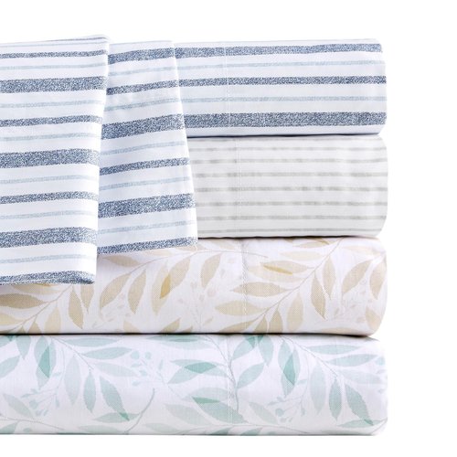 Madison Park 100% Cotton Sheets, Breathable & Soft Cotton Bed Sheets, Printed Design, Elastic Pocket Cotton Sheet Set Fits Up to 17" Mattress, All Season, Queen Green Leaves 4 Piece