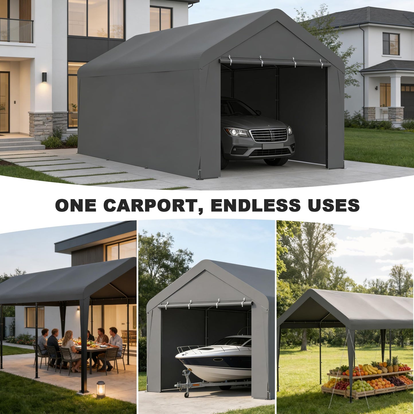 Carport 10 x 20 FT Heavy Duty, Portable Garage Canopy, Waterproof Car Canopy with Side-Opening Removable Door, Carport Canopy for Car, Truck, Boat, Equipment (Grey)