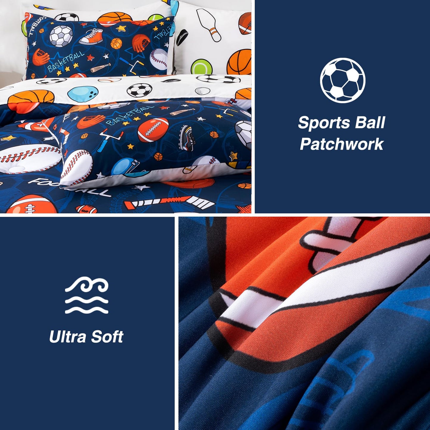 A Nice Night 6Pcs Bed in A Bag Full Sports Microfiber Modern Comforter Set,Navy Rugby Ball Printed Bedding Collections,for Boys Kids Teen