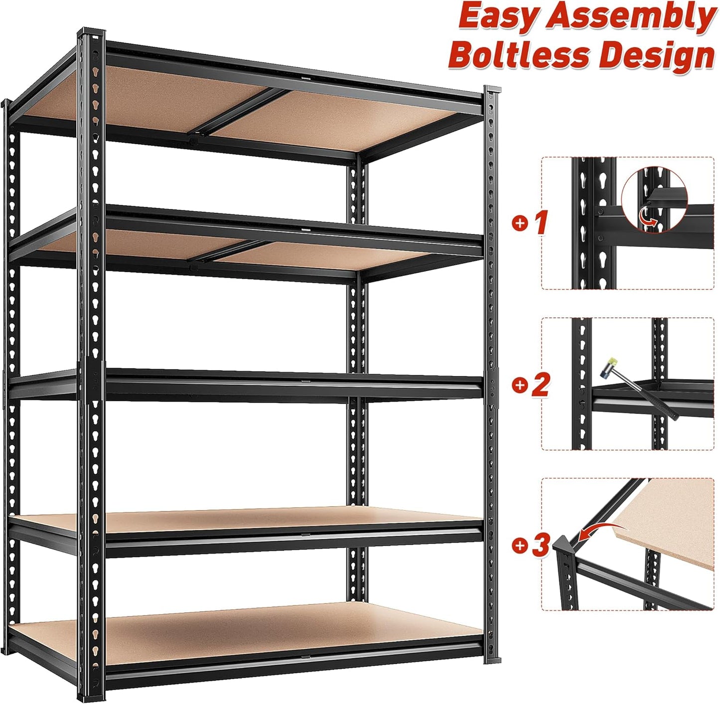 REIBII Heavy-Duty 5-Tier Storage Shelves - Adjustable Metal Shelving Unit for Garage, Basement, Pantry | 72" H x 35.55" W x 16" D, Black