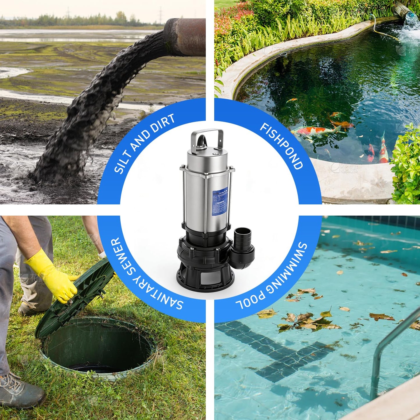 Weeflos 1.6HP 5200GPH Sewage Grinder Pump Stainless Steel Effluent Pump with Auto Float Switch for Basement Sump Basin and Sewage Well Pre-wired (16M) with a 3-Point Plug
