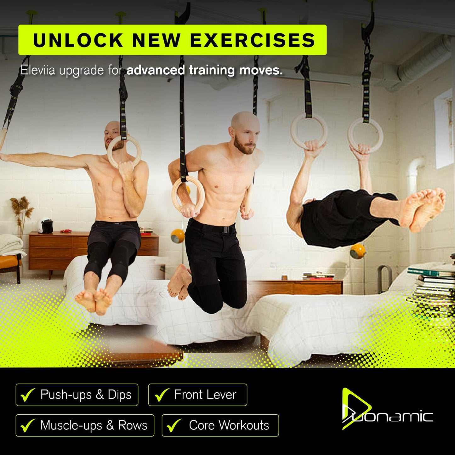 Eleviia Ultimate Pullup Travel Package: 9-Piece Kit Includes The Original Eleviia Doorway Pullup Bar System, Wooden Rings and Travel Straps, and Super Compact Travel Bag