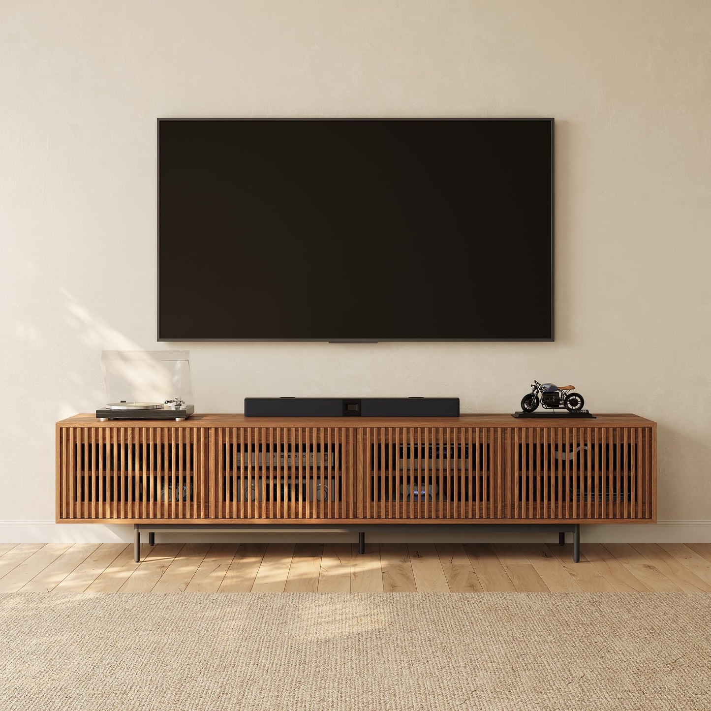 POVISON Mid-Century Modern TV Stand with Slatted Doors, Fully Assembled 94.49" Wood Media Console, TV Console with Tall-cast Metal Legs, Entertainment Center with Storage for Living Room