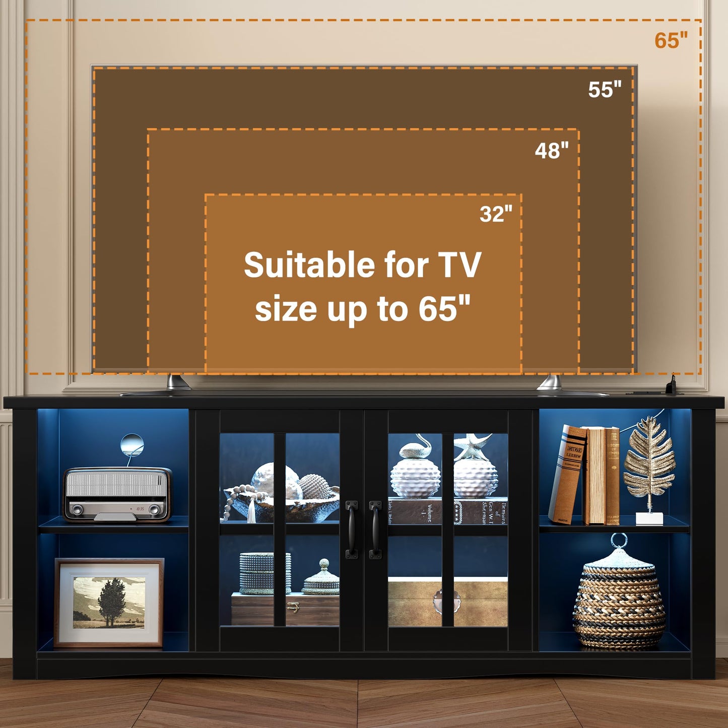 YESHOMY Farmhouse LED TV Stand with Power Outlet, for Televisions up to 65 Inches, Wood Entertainment Center with Glass Door Storage Cabinet, TV Console for Living Room, Black
