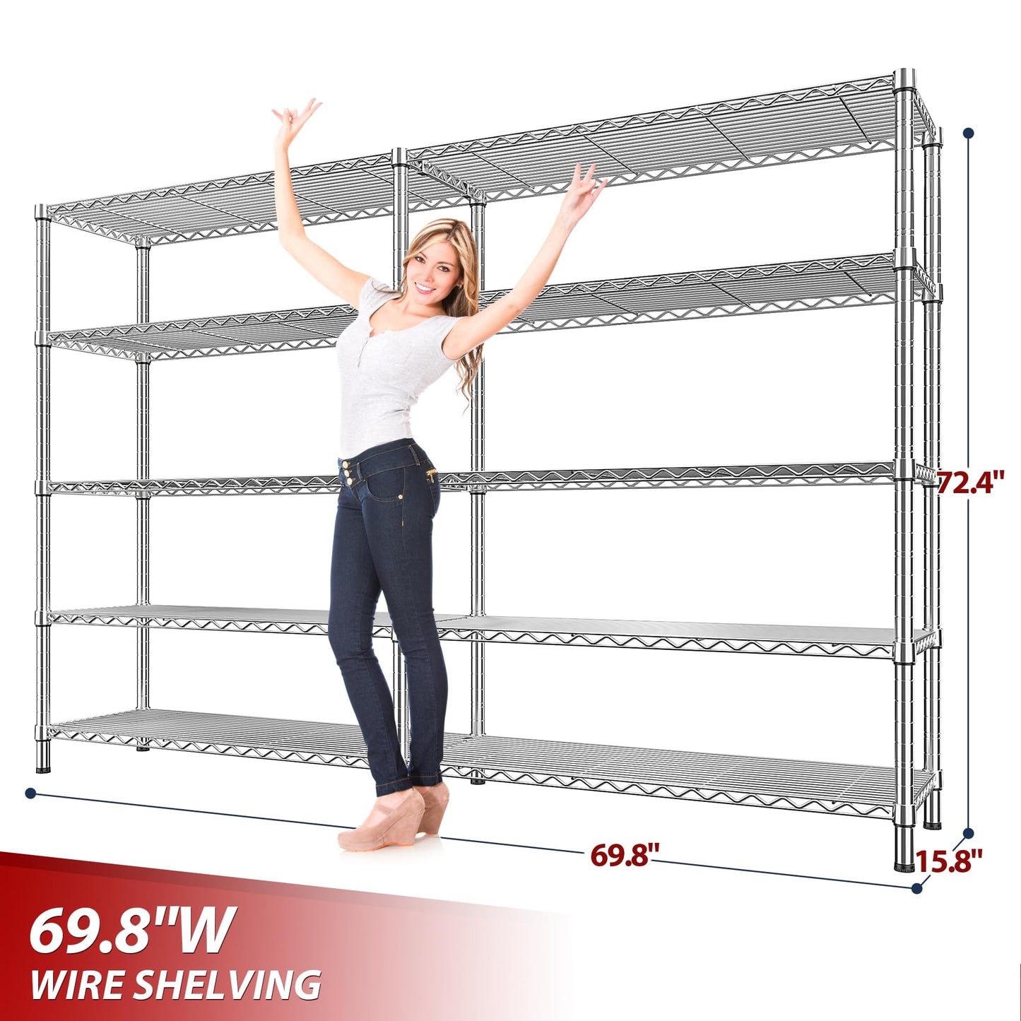 REIBII 69.8" W Storage Shelves 1510LBS Wire Shelving Unit 5 Tier Metal Shelving for Storage Rack Shelves Adjustable Heavy Duty Garage Shelf Pantry Shelves Kitchen Shelving,69.8"Wx15.8"Dx72.4"H,Chrome