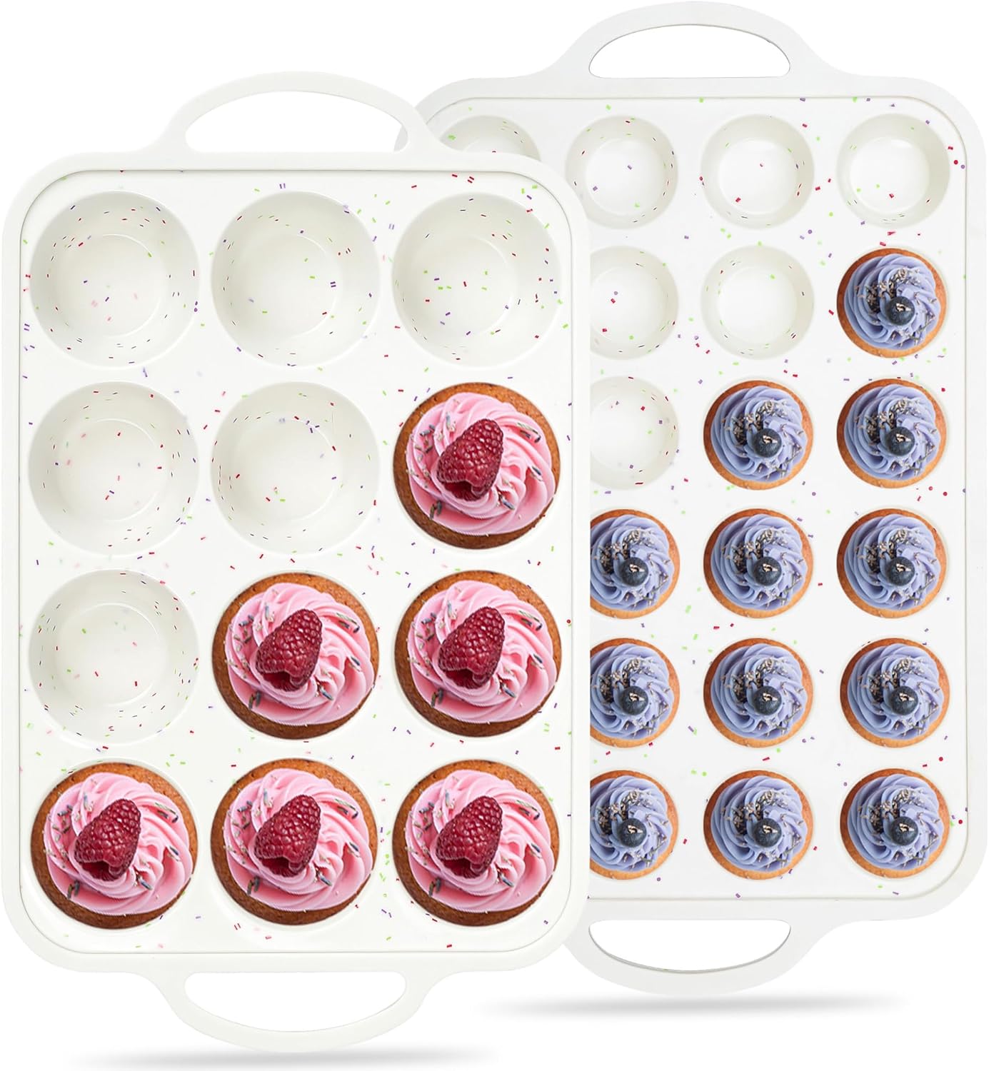 Skiennix Nonstick Cupcake Pan Set - 12 Cup & 24 Mini Muffin Molds | BPA-Free Silicone, Cream Color (2 Pcs)
