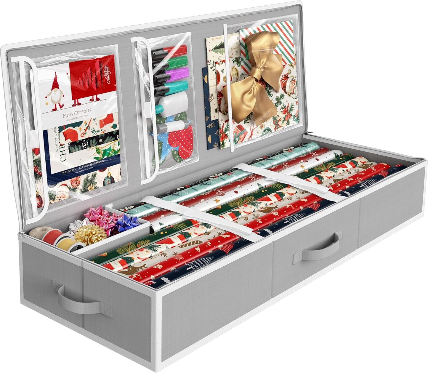 Simple Houseware Wrapping Paper Storage Organizer - Holds 40 Rolls, Adjustable Straps & Clear Pockets, 41.5''L x 16''W, Gray