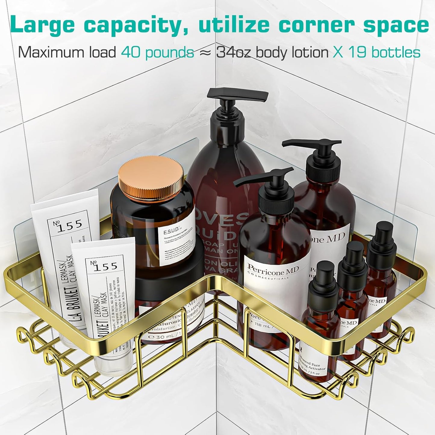 YASONIC Corner Shower Caddy - 3-Pack Adhesive Bathroom Organizer with Soap Holder & 12 Hooks | Rustproof Stainless Steel, Gold