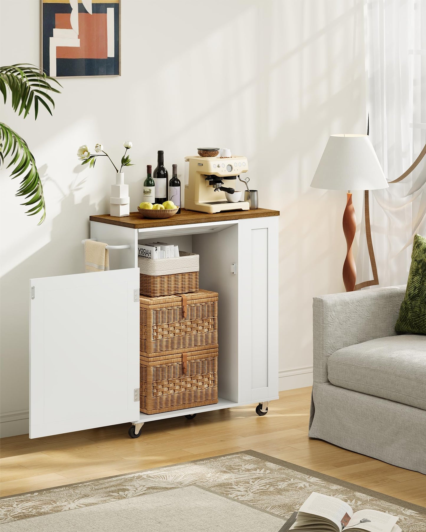 CHOEZON Kitchen Island Cart with Storage, Kitchen Cabinet, Mobile Kitchen Island, Storage Trolley for Kitchen with Hidden Trash Bin Cabinet, for Dining Room, White and Walnut MZD06WL