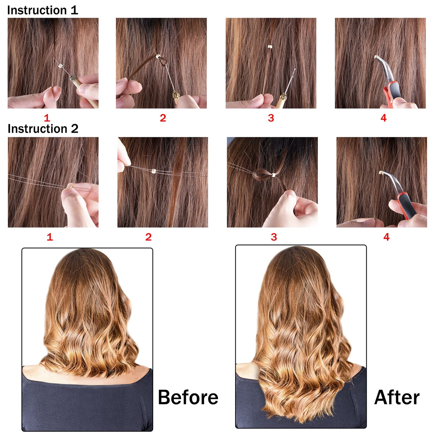 Duufin Hair Extensions Kit 500 Pcs Black Micro Ring Beads 1 Hair Extension Plier 2 Hook Needle Pulling Loop 4 Plastic Alligator Hair Clips 1 Comb and 2 Bags Black Mini Rubber Hair Elastic