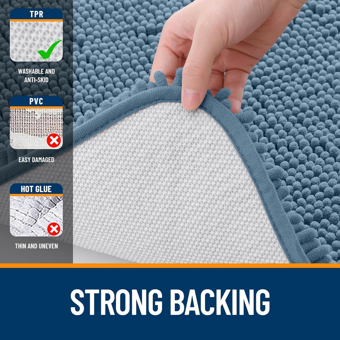 OLANLY U-Shaped Toilet Rugs - Extra Soft Chenille Bathroom Mat | 24x24, Quick-Dry, Non-Slip, Airy Blue