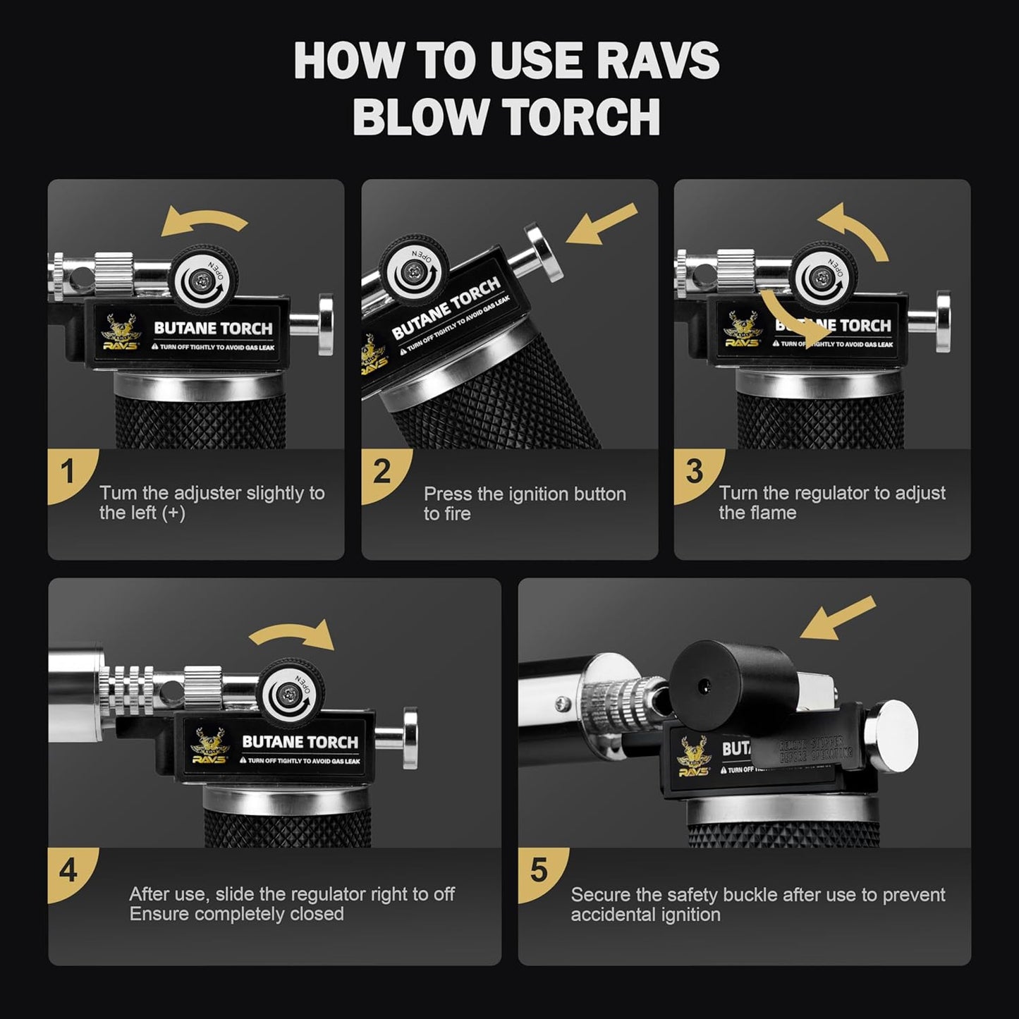 RAVS Butane Torch Lighter - Premium Metal Kitchen Torch with Adjustable Flame & Safety Buckle | Black