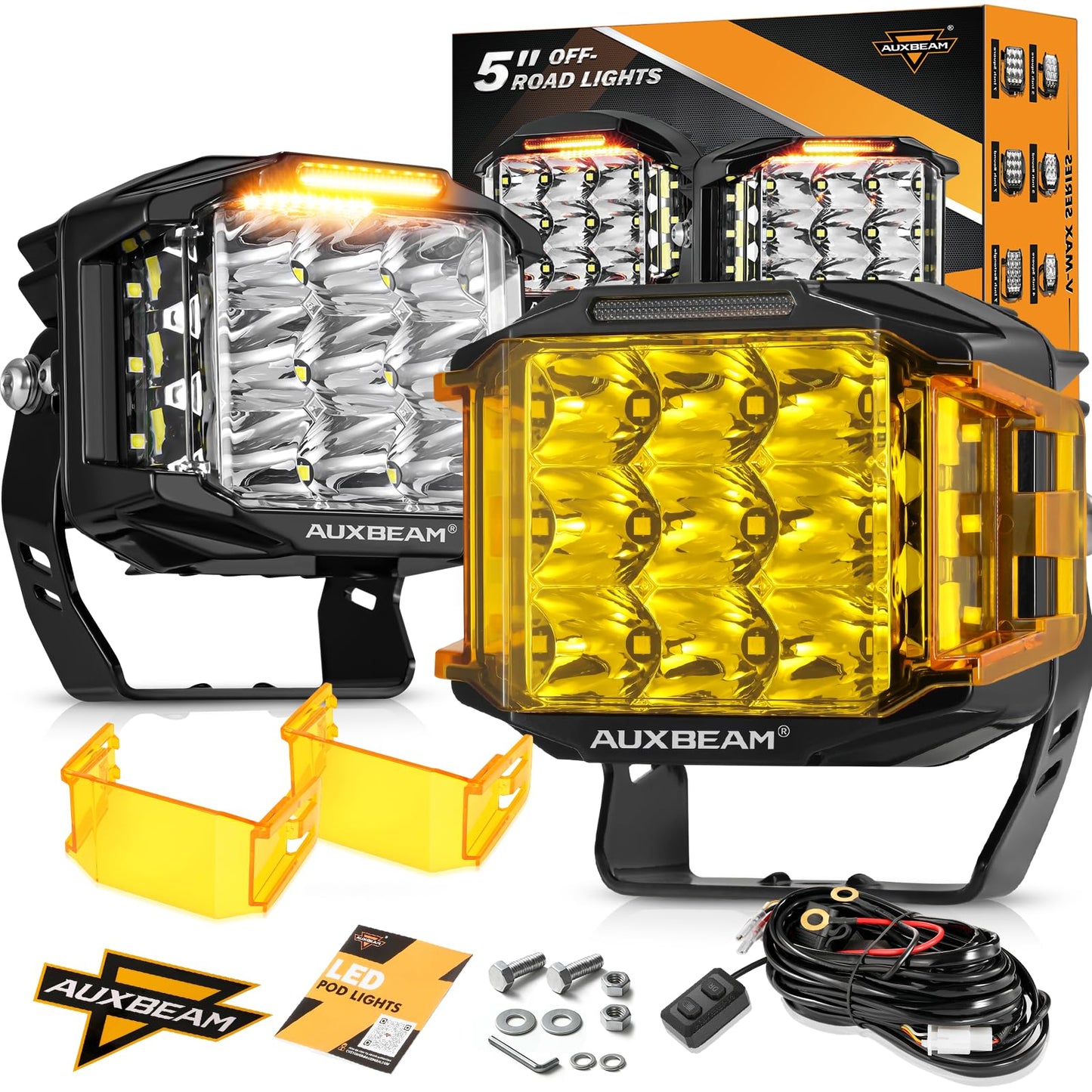 Auxbeam 5 Inch LED Pod Offroad Lights, 168W Super Bright Cube Pods Spot Flood Combo Driving Lights with Side Shooter, V-MAX Series Amber DRL Ditch Work Light with Yellow Cover for Truck Jeep SUV ATV