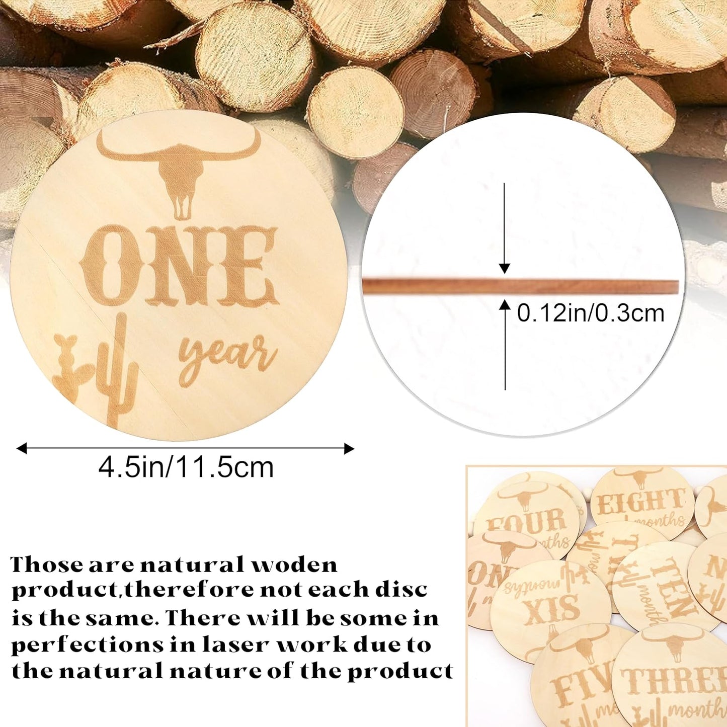 LINLULU Set, Wooden Western Baby Monthly Milestone Cards - Cow Monthly Milestone Marker Newborn Photography Props