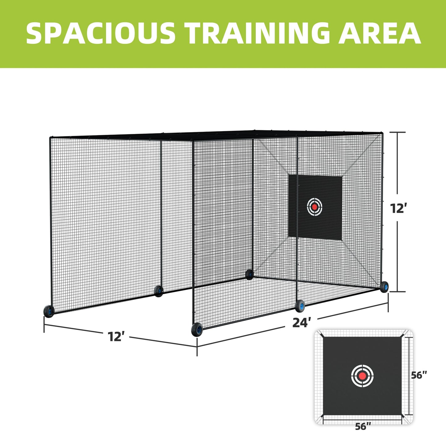 MR Mobile Baseball Batting Cage 24ft, Portable Heavy-Duty Baseball Hitting Cage w/Wheels, Wheel-Based Softball Batting Cage, Fully Enclosed Batting Cage Tunnel Complete Kit w/Frame and Netting