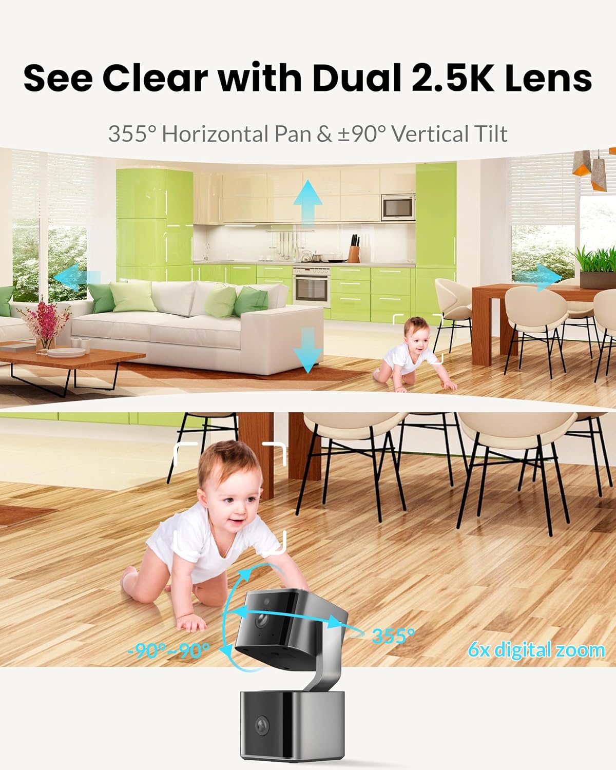 Aurumbach 5G/2.4G 2K+2K 2-Way 355 Dual Lens Security Camera Indoor WiFi, Pet Camera with Pan Tilt for Home, Baby