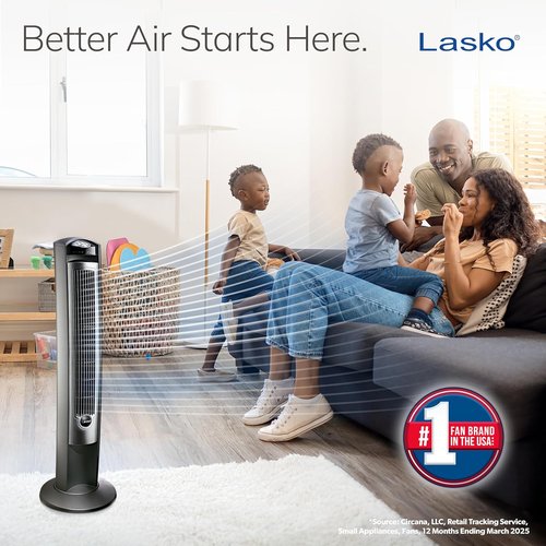 Lasko Oscillating Tower Fan - Quiet 42" Floor Fan with Remote Control | Sleek Silver Design