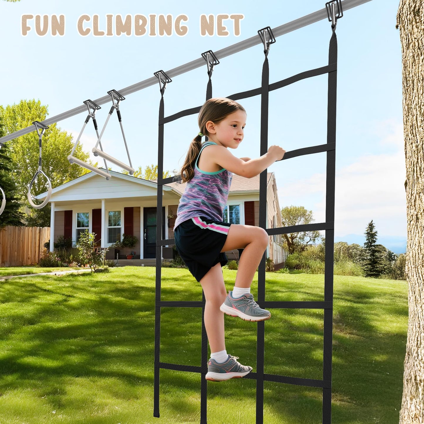 Hapfan 60 FT Ninja Warrior Obstacle Course Swing Set for Kids with Weather-Proof Accessories, Outdoor Playset with Monkey Bars for Backyard