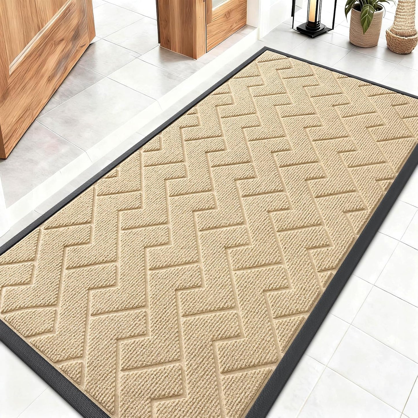 OLANLY Indoor Outdoor Front Door Mat - Waterproof All-Season Herringbone Doormat | Easy Clean, Beige 47x23