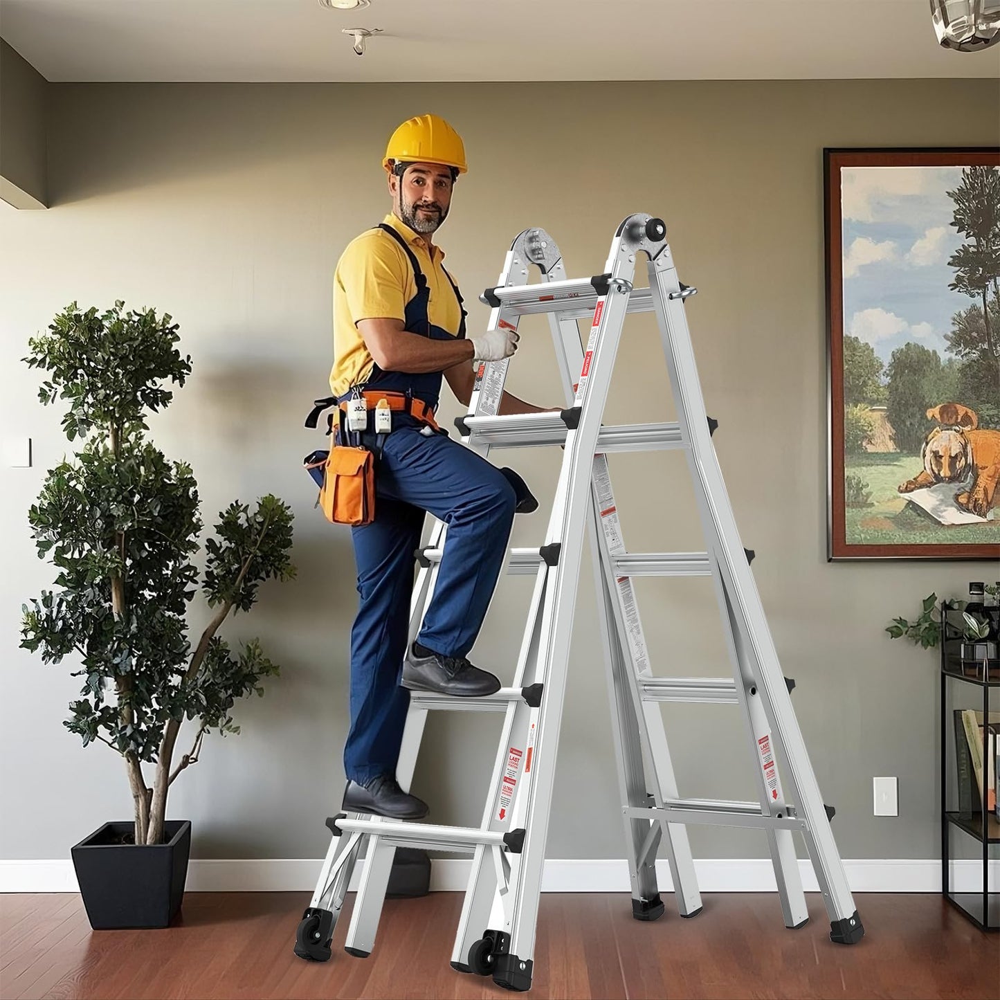 22 FT Aluminum Multi-Position Foldable Ladder with Wheels, 5-in-1 Extension Ladder with Wide Anti-Slip Steps & Secure Hinge Locks for Home Indoor Outdoor Professional Use, 300 lbs Rated.