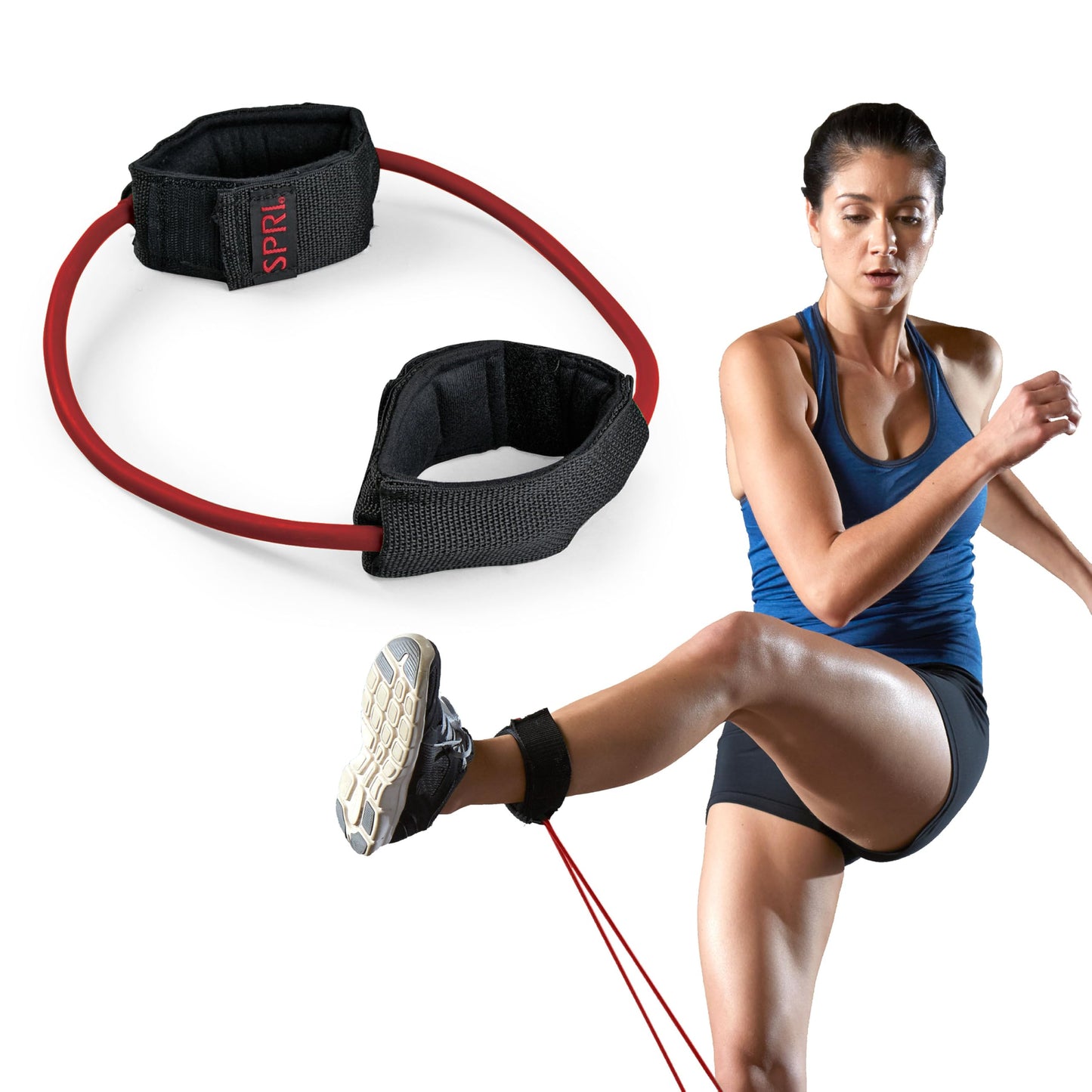SPRI Xercuff Leg Resistance Band Exercise Cord with Non-Slip Padded Ankle Cuffs, Red, Medium