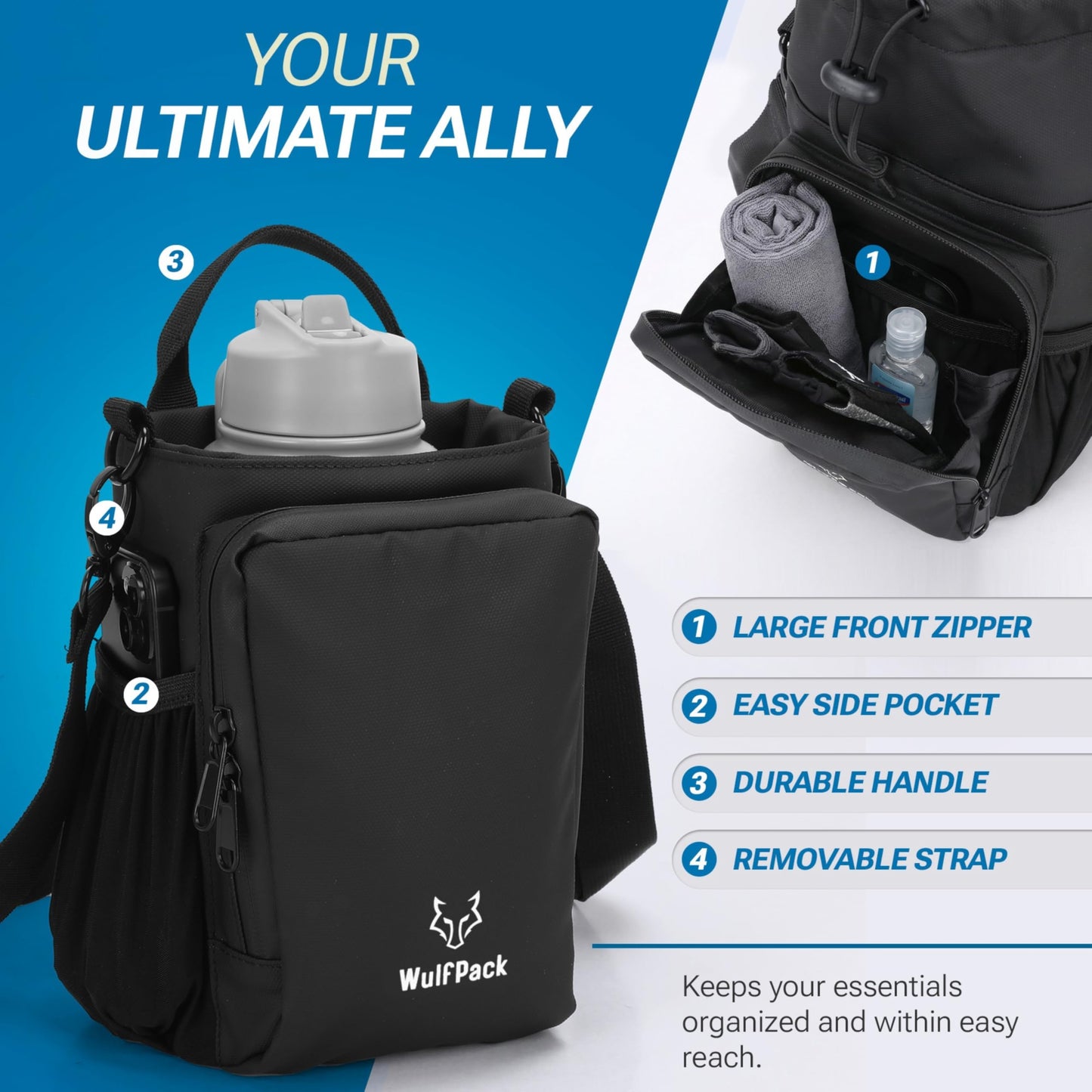 WulfPack Magnetic Gym Bag, Magnetic Bottle Bag, Water Bottle Carrier Holder with Large Phone Pockets, Large Pockets, Gym Bag, Work, and Sports (Black)