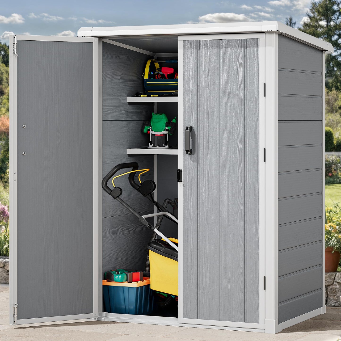 DWVO 5X3FT Outdoor Vertical Storage Shed with 2 Shelves, 60 Cu Ft Waterproof Resin Garden Shed with Floor & Lockable Door, Plastic Tall Tool Cabinet for Garbage Can, Lawn Garden Supplies, Gray