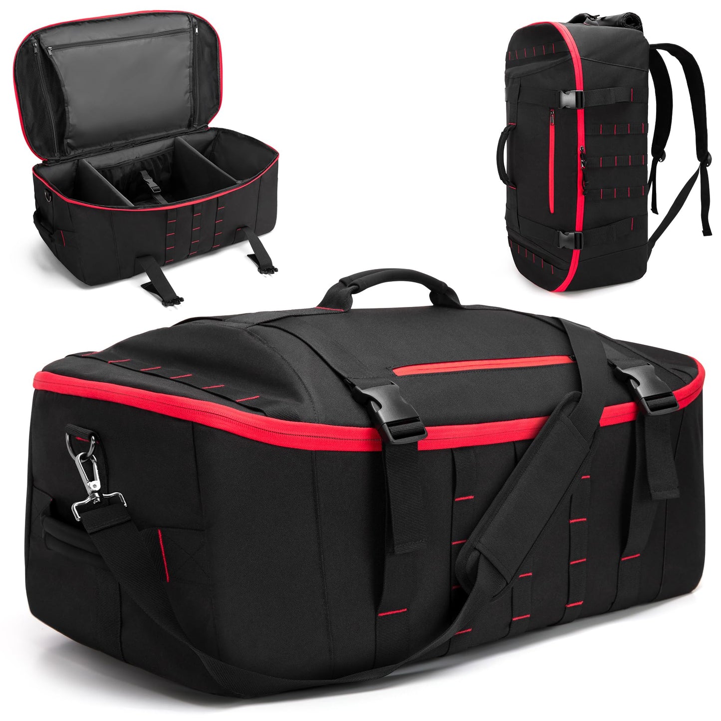Smasrob 65L Tactical Duffle Bag Gym Bag with Backpack Straps, Wet Pocket and Detachable Dividers, Duffle Backpack for Travel, Sports and Military, Black