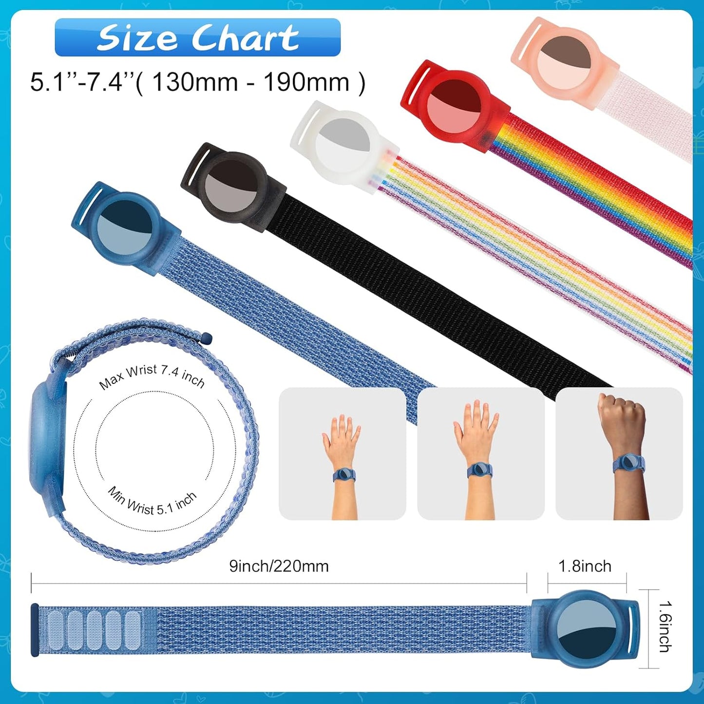 Ztobny 1 2) 4 Pack, (Black/Blue/2 Waterproof Bracelet for Airtag (Gen & Kids Soft Nylon Hidden Air Tag Wristband Full