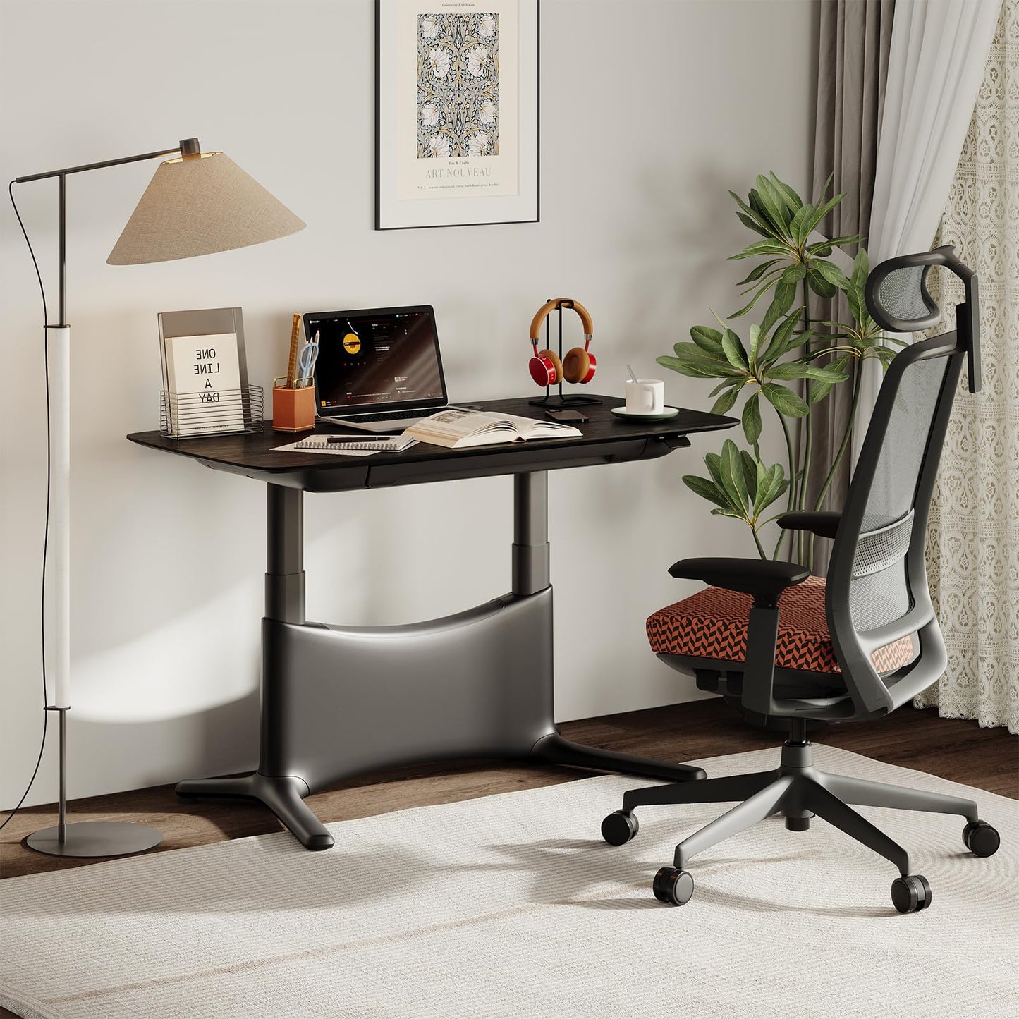 COLAMY Electric Adjustable Standing Desk – 48 x 28 Inch Sit Stand Desk with Drawer & Cable Management, Dual Motor Lift System, Ergonomic Footrest, Home Office Table (Veneer Desktop, Black Oak + Black)