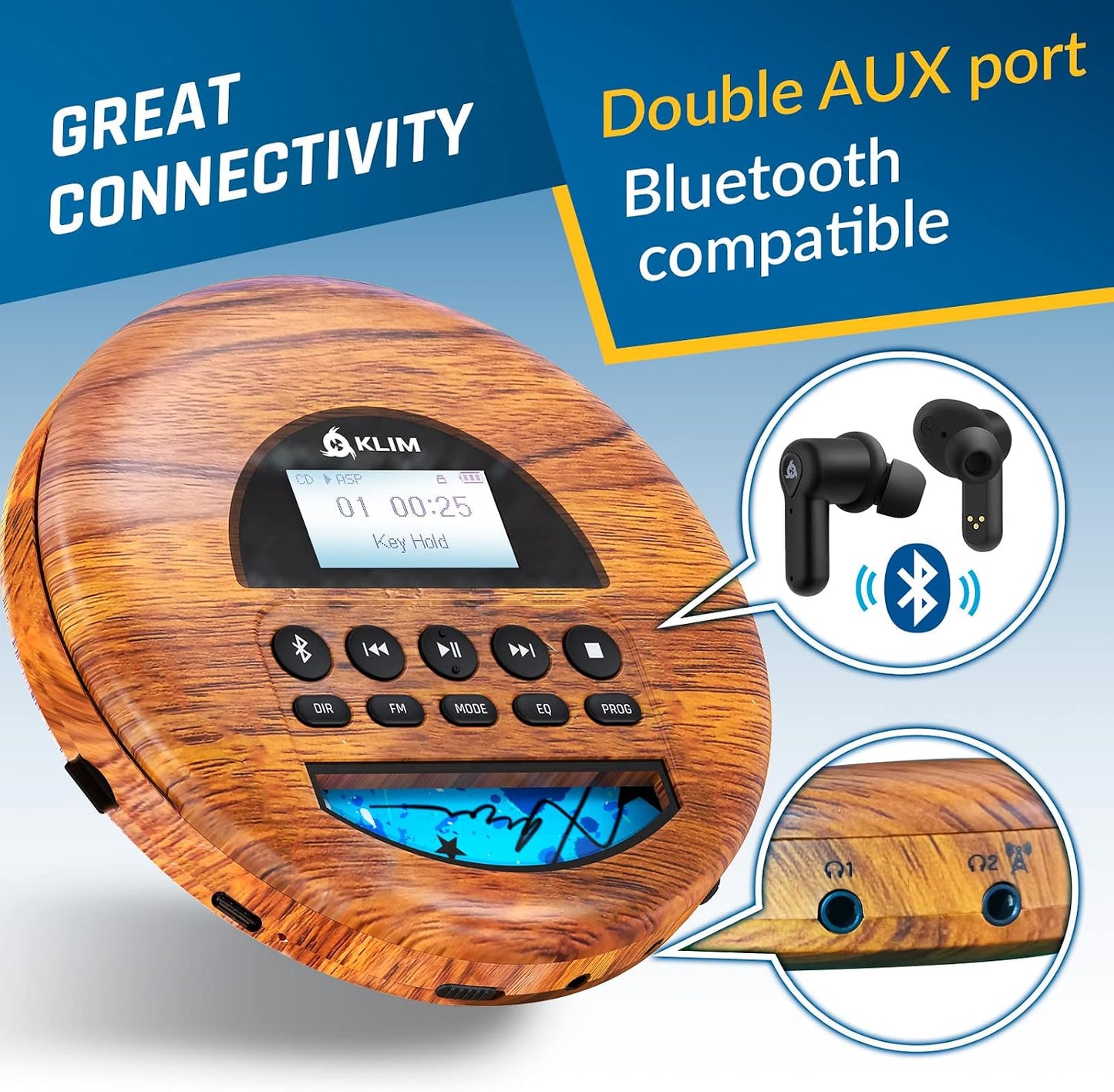 KLIM MP3 Nomad Wood - New - Portable CD Player Walkman - Long-Lasting Battery - Includes Headphones - Radio FM