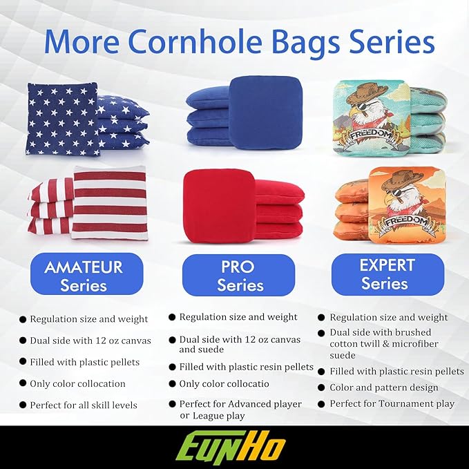 EunHo Dual Sided Cornhole Bags Regulation Set of 8 Professional Cornhole Bean Bags Slick and Stick for Tossing Game-All Weather