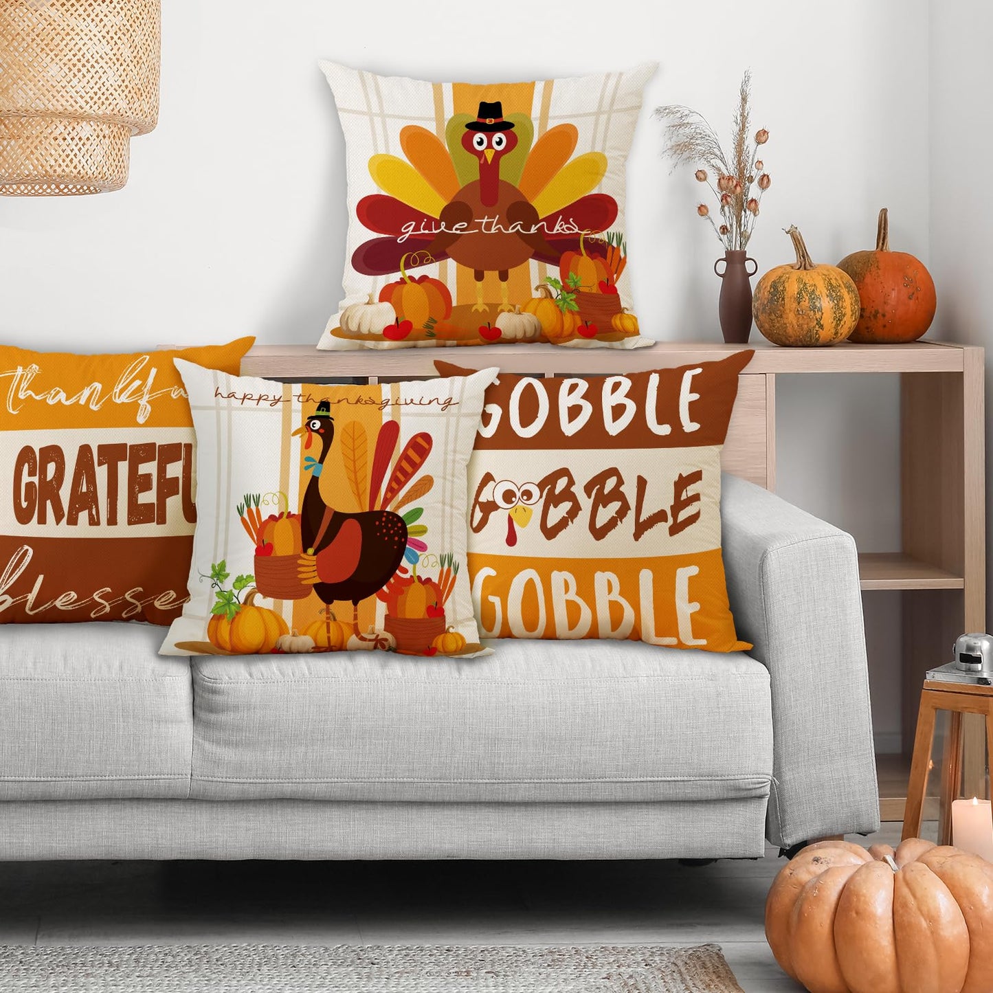 MEHOFOND Thanksgiving Pillow Covers 18x18 Set of 4, Fall Throw Pillow Covers Turkey Pumpkin Orange Farmhouse Home Decor Pillowcase Give Thanks Cushion Case for Sofa Couch