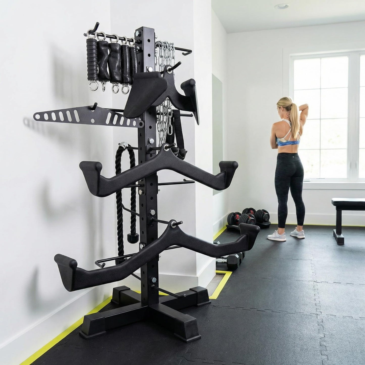 Cable Attachments Rack for Gym Accessories, Lat Pull Down Bar Organizer with Hooks, Home Gym Storage Rack for LAT Pulldown Attachments