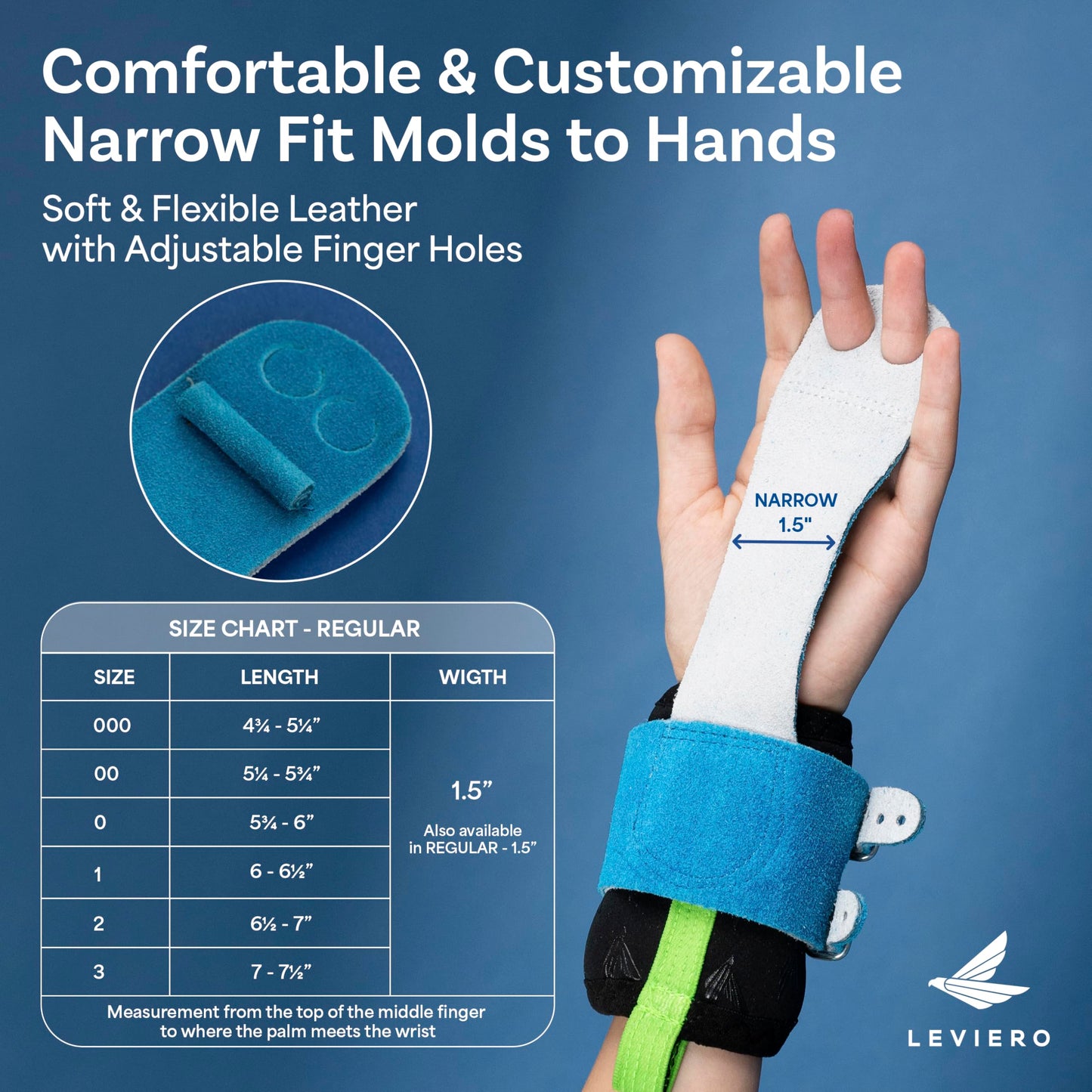 LEVIERO Gymnastics Grips Set Narrow Squeeze, Grips for Gymnastics Girls, Dowel Grips with Soft Leather, Double Buckle Wrist Closure, and Adjustable Finger Holes, for All Ages - (Aqua, 000)