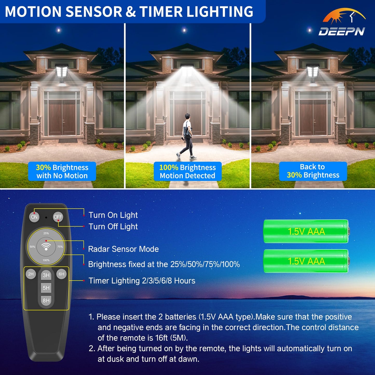 Deepn Solar Lights Outdoor, IP66 Waterproof Street Lights Outdoor, 6500K Dusk to Dawn Solar Security Flood Lights Motion Sensor with Remote Control for Yard, Entryway Garage, Porch 2 Pack