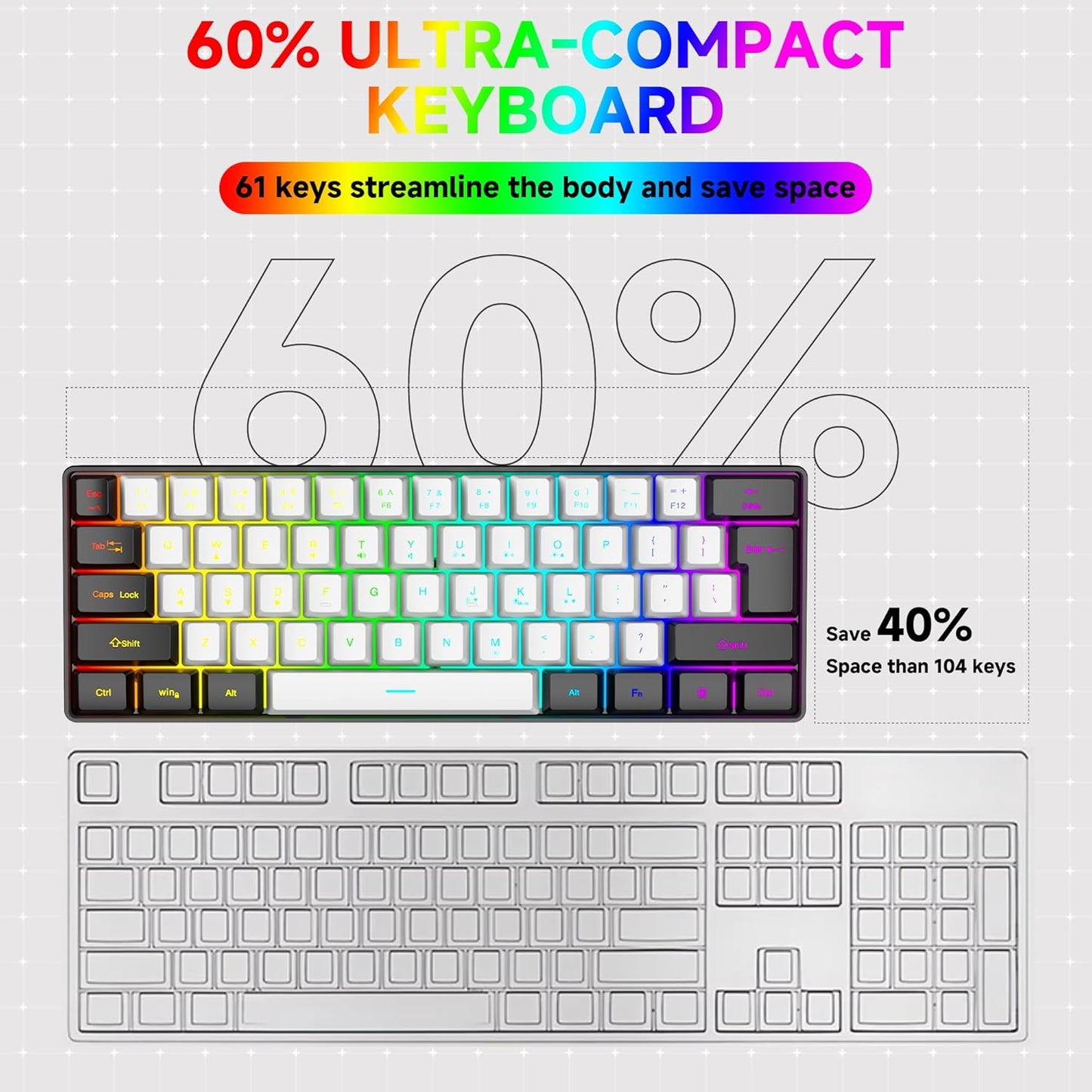 REBOCOON 61-Key 60% 8-Color 10/8/7) Compact RGB Gaming Keyboard Layout, Ergonomic Membrane Keys, Backlight, Plug & Play