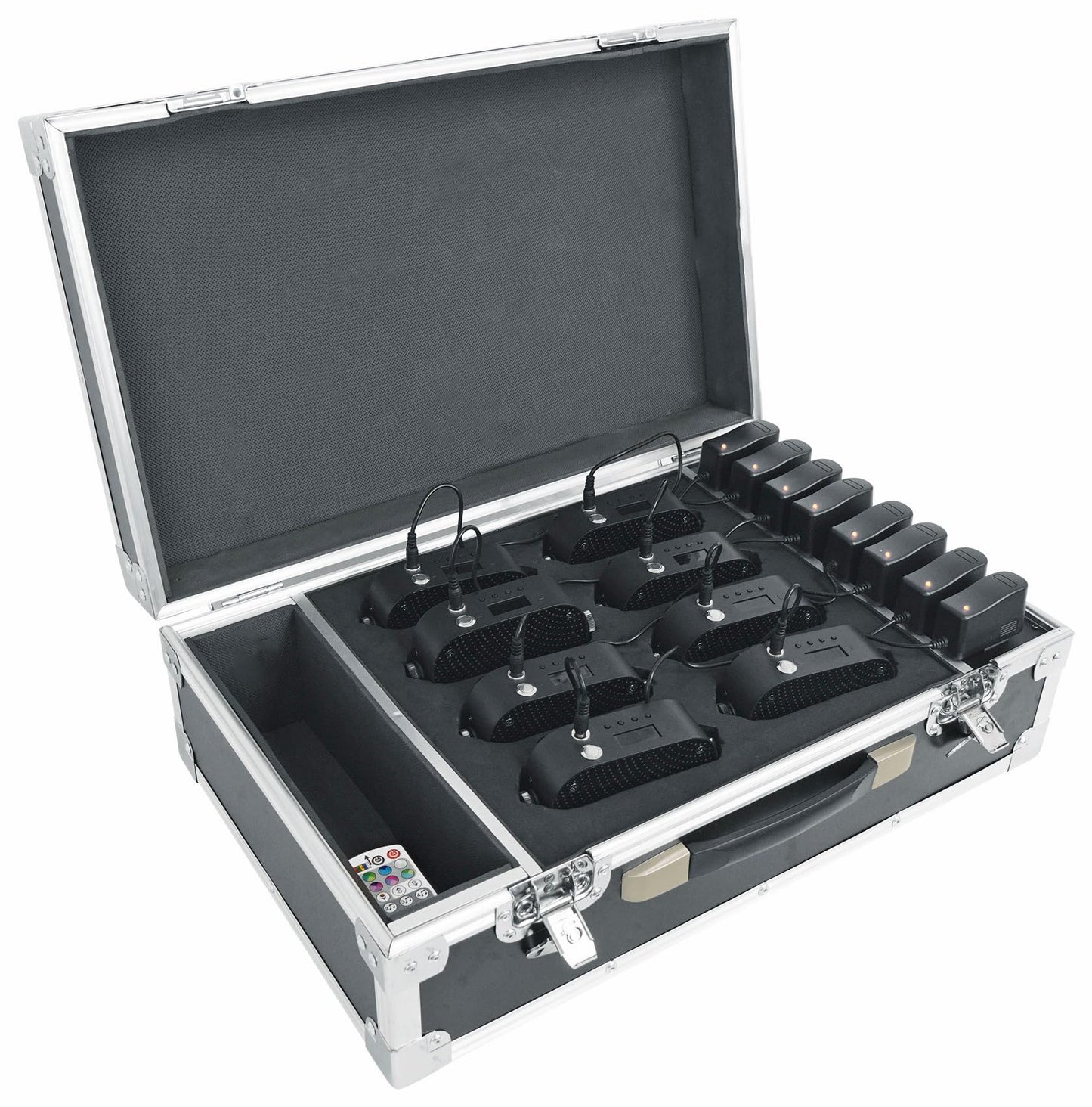 Rockville8 Pack MINI RF1 V3 Charge Package Black LED Par Wash Up Lights with Charging Case, RGBWA+UV, App, Wireless DMX, Rechargeable, Perfect for DJ/Events