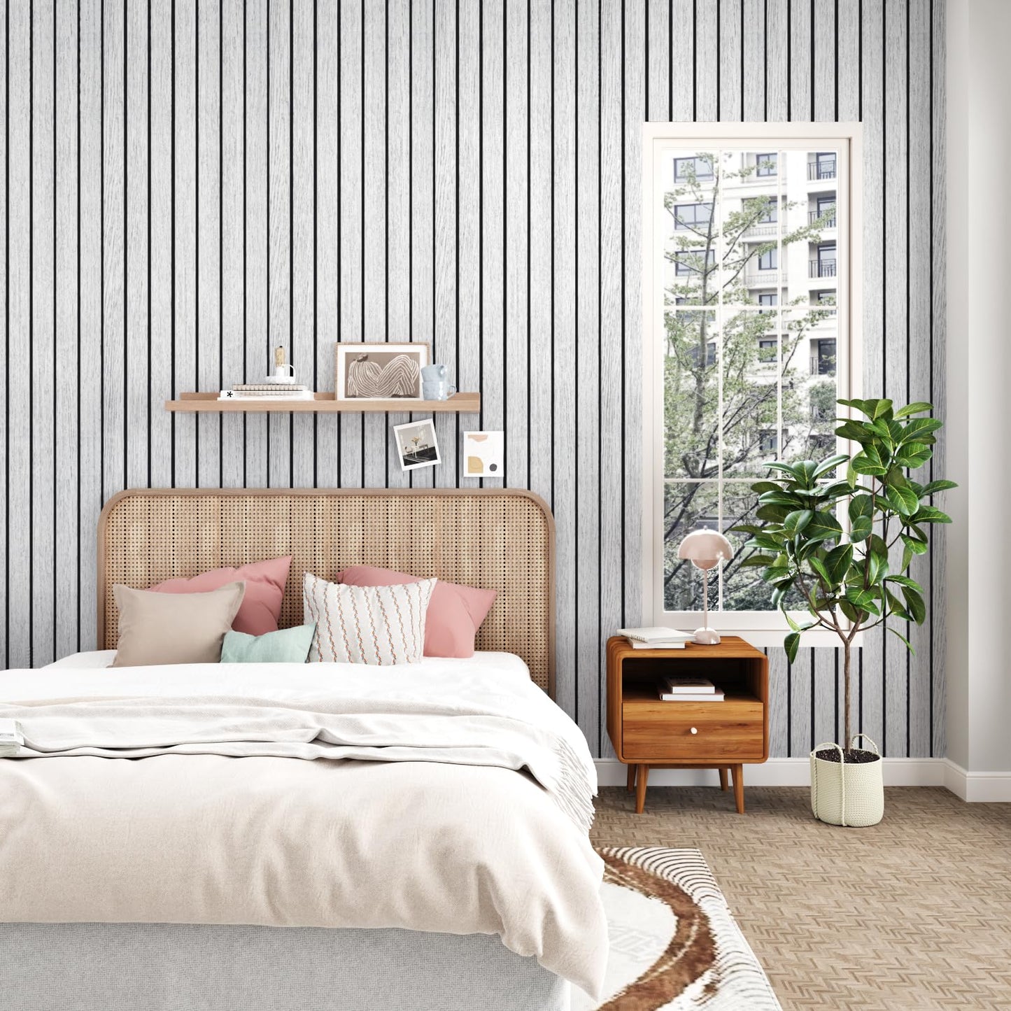 STICKEEP White/Grey 3D Wood Slat Panels for Walls Peel and Stick PVC Slat Wall Paneling Soundproof Self Adhesive Faux Wooden Slatted Panel for Wall Decor Interior Living Room Bedroom 118"x 11.8"