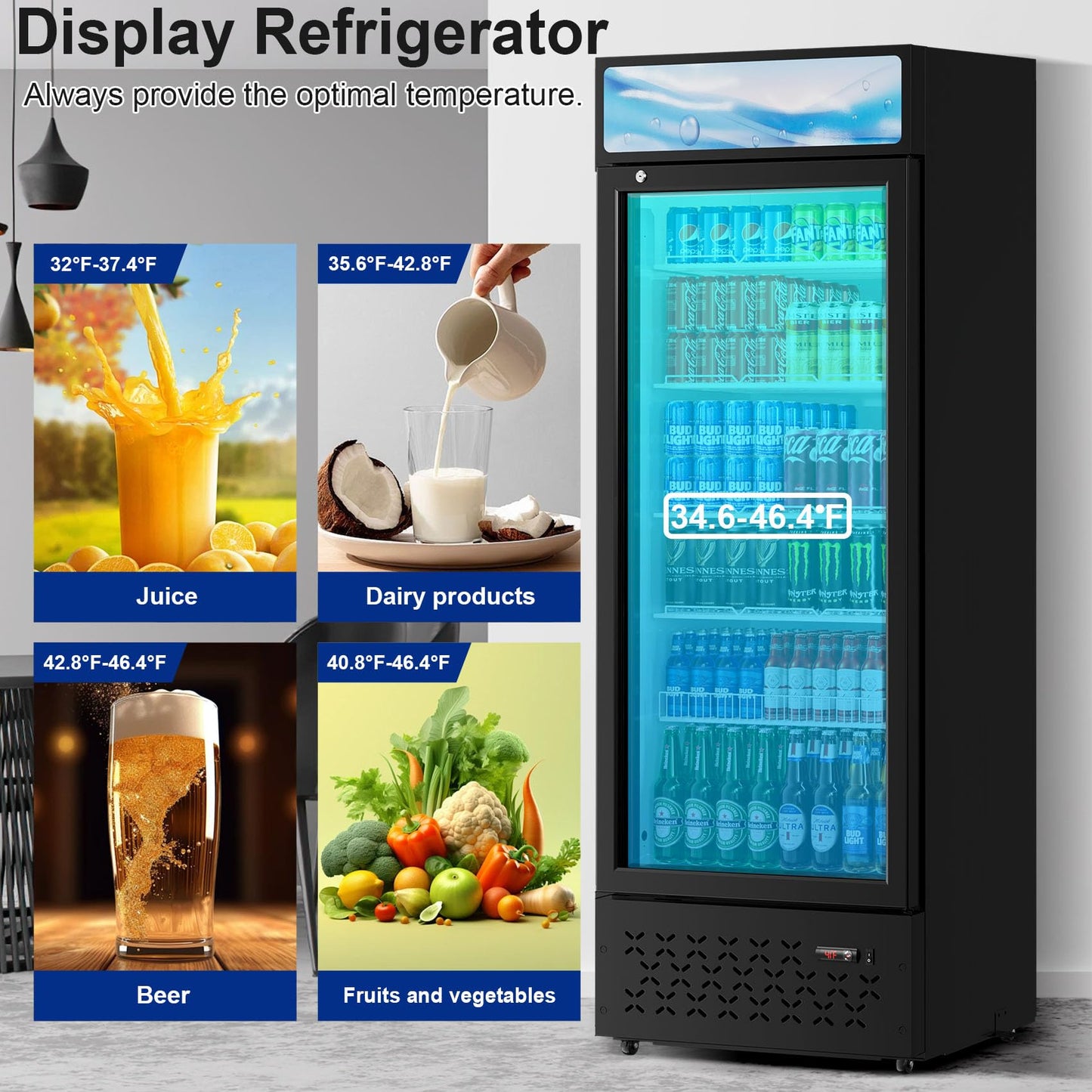 Beverage Cooler Commercial Refrigerator 15.2 Cu.Ft. Glass Door Display Refrigerator with LED Light, 5 Shelves, Display Commercial Beverage Refrigeratorfor Restaurant Cafe Bar Store (15.2 Cu.Ft.)