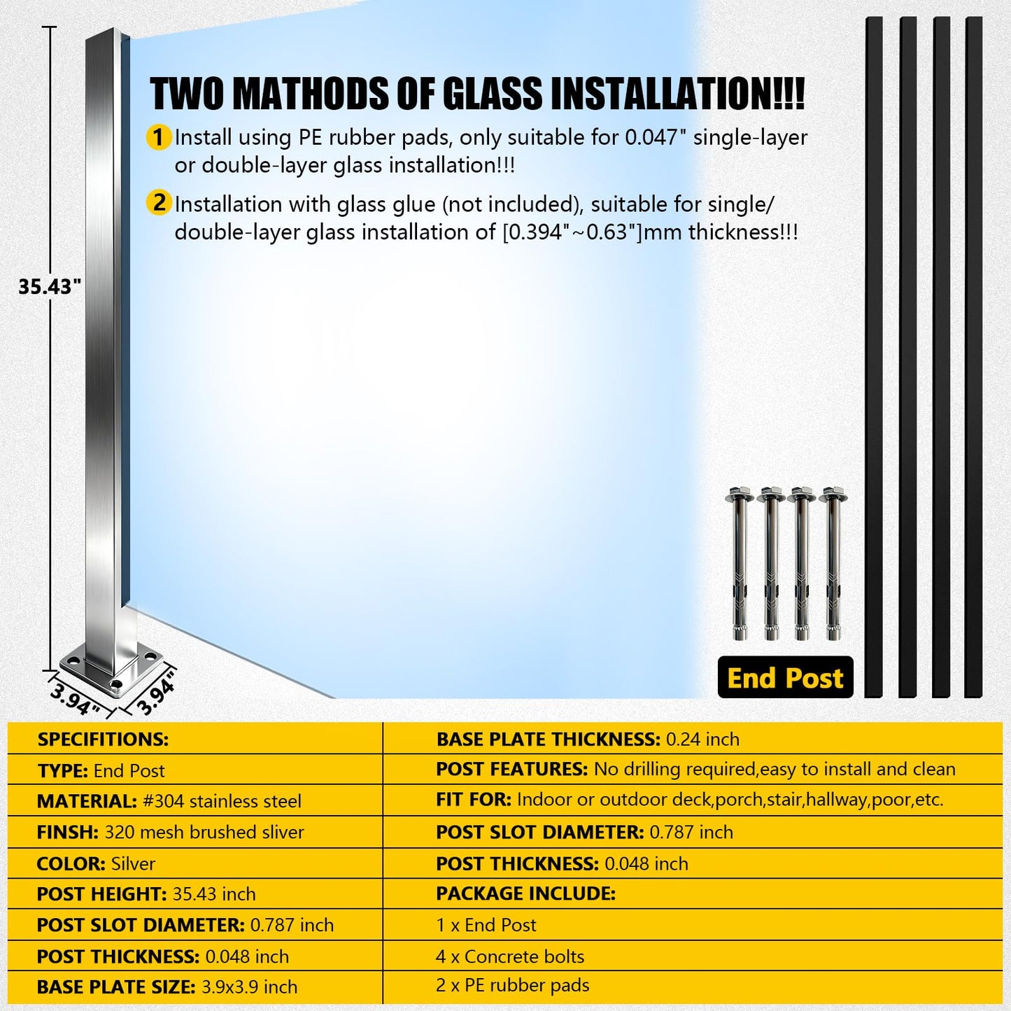 DEVALLEY 3ft(41.34") Glass Balustrade End Post with Mounting Strip,Silver Garden Privacy Fence Posts with Spigot Slot & Sturdy Base for Glass,Wood,PVC,DIY Serial Post for Steps,Balcony,Deck,Yard