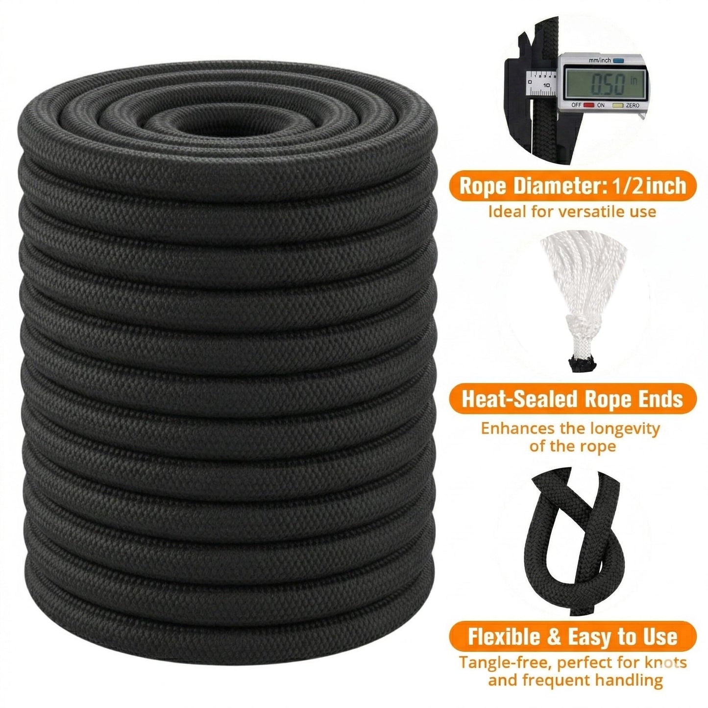 Double Braided Arborist Rope - 1/2 Inch x 200 Feet Polyester Rope - High Strength Climbing Rope for Tree Work, Swing, Halyard, Sailing(Black)