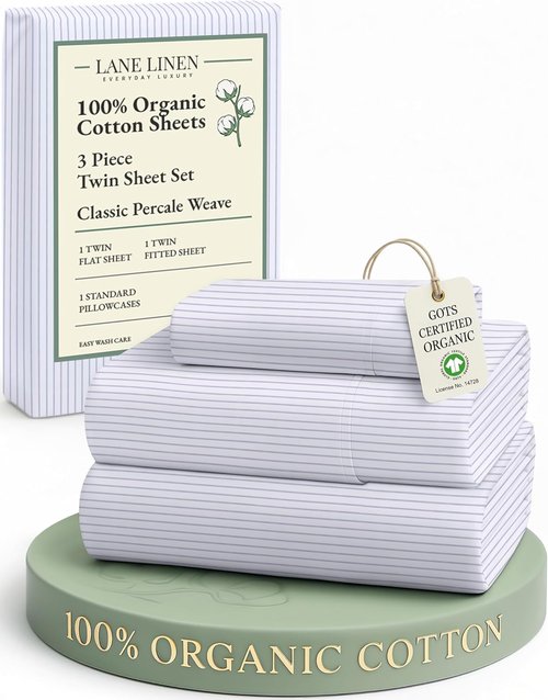 Lane Linen 100% Organic Cotton Twin Sheets - Soft & Comfy Classic Ticking Stripe Print | Fade Resistant, Naturally Cooling