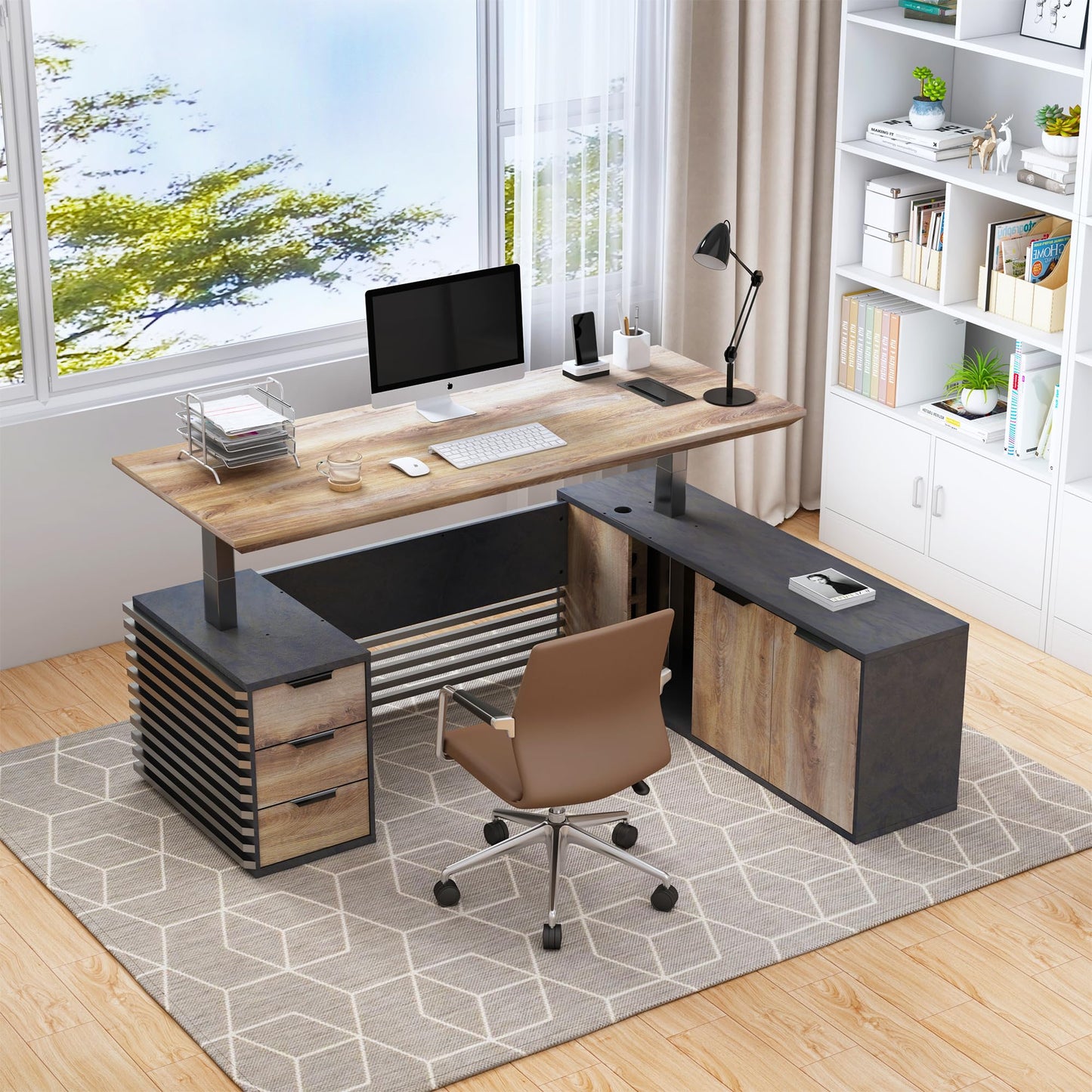 ONNAHOMEStlyle 70.87IN Adjustable Heigh L Shaped Executive Desk w/Cabinet Storage, Modern Computer Standing Home Office Desk w/File Cabinet, AC/USB, Large Writing Table Business Workstation