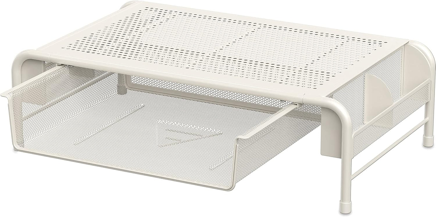 White Metal Monitor Stand with Organizer Drawer - Simple Houseware