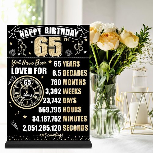 Back In 1961 65th Birthday Decorations - Two-Sided Wooden Table Sign with Stand | Black & Gold Party Decor