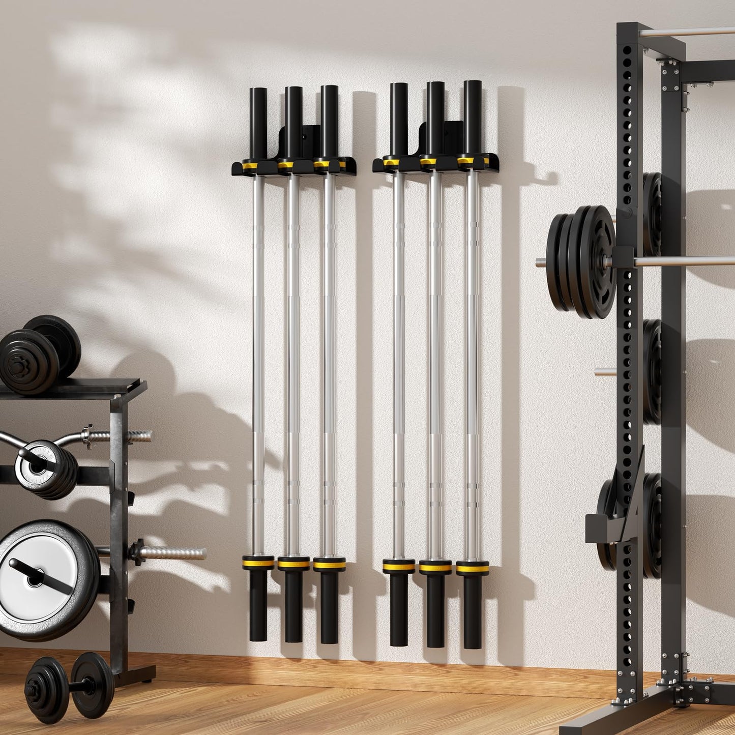 JNIHEEP Barbell Holder,Garage Gym Bar Wall Rack with 3 Bar Holders for Hanging Olympic Barbells, Curl Bars, Chains,Resistance Band,and ect,Holds Under 33mm Bar Size(Black)