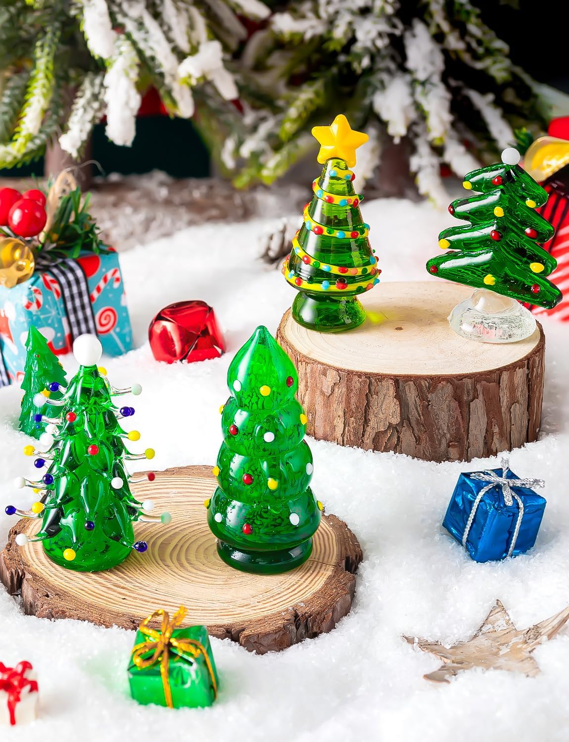 Skiennix Blown Glass Christmas Tree Decor - Mini Figurines for Festive Home Decoration | 4 Pcs Set