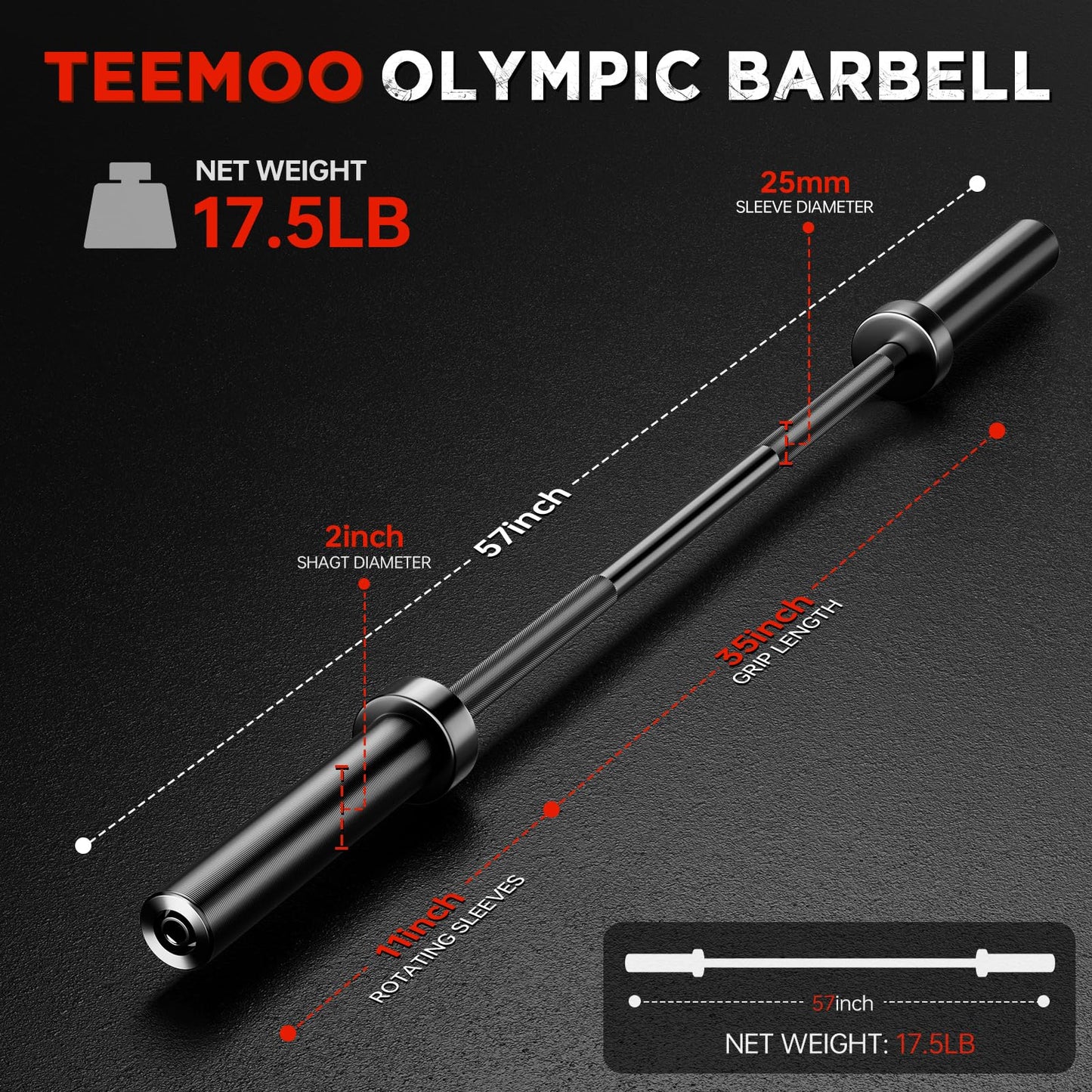 TEEMOO Olympic Barbell Bar, 57" Barbell Bar with 2 Spring Collars, Strength Training bars, Bench Press bar for Weight Lifting, Squat, Hip Thrusts, Biceps, 500lb Weight Capacity, E-Coat Finish for 2 inch Weight Plates (Black)