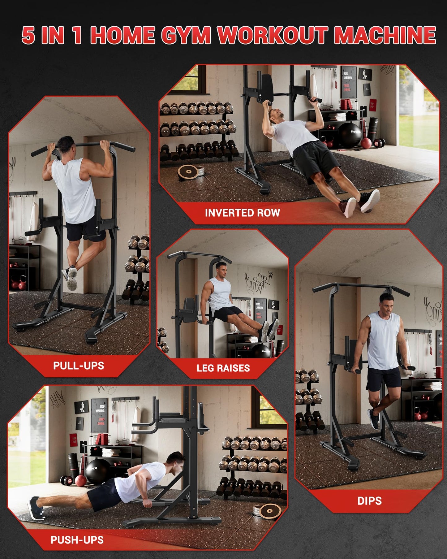 Multi-Function Power Tower 5-Level Adjustable Height Pull Up Bar Dip Station for Adult Home Gym, Heavy Duty Fitness Equipment for Pull-Ups, Chin-Ups, Knee & Leg Raises, Core Strength Training